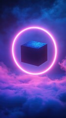 Neon Pink Ring Portal with Floating Black Cube in Misty Blue-Pink Background