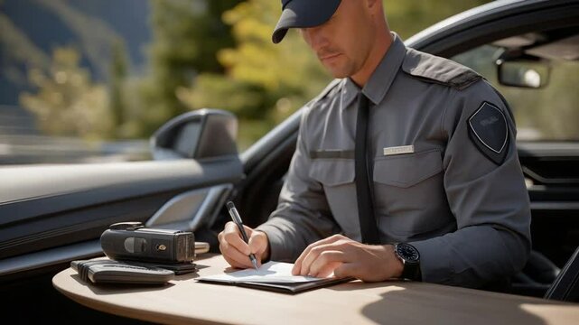 Police officer issues traffic citation to a parked driver in this high-quality stock video.