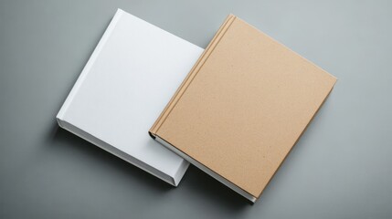 Two blank books, white and kraft, on gray surface
