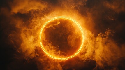Fiery Neon Orange Ring Portal in Smoky Dark Background for Futuristic Design