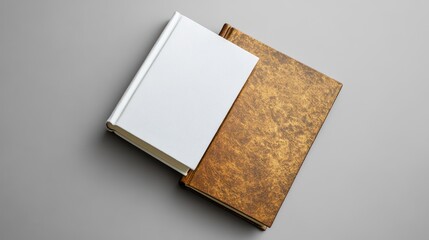 Two books, one white, one brown, opened