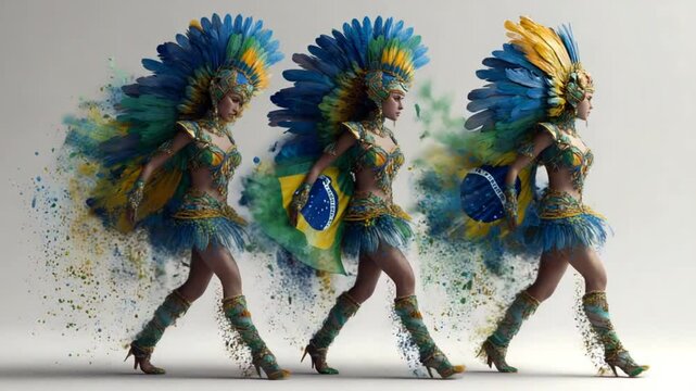 Brazilian Carnival dancers with vibrant headdresses and costumes in celebration