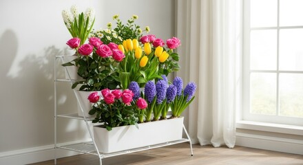 Fototapeta premium Multi-tiered planter stand filled with colorful flowers.