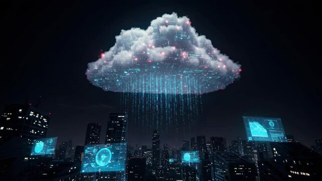 Futuristic city skyline at night with a cloud-based digital network