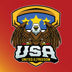 Bald eagle with spread wings and stars emblem celebrating Independence Day July 4th USA