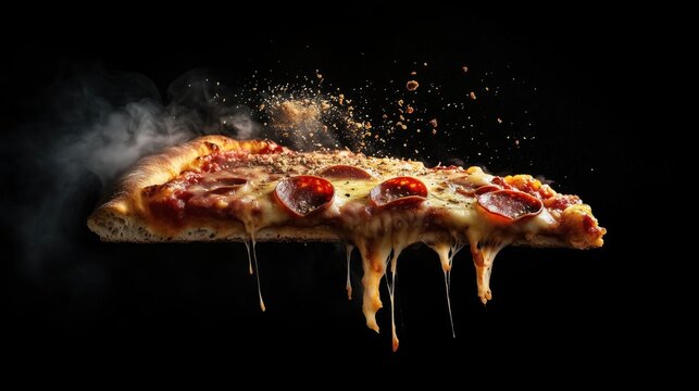 Background steamy cheesy pizza slice for menu presentation