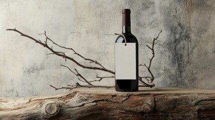 Red wine bottle on rustic wooden slab