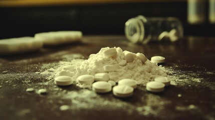 Crushed Pills and Powder on Table Surrounded by Unused Medication