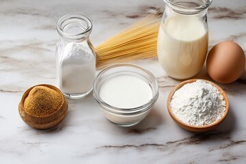 Baking Ingredients on Marble Surface with Milk, Flour, and Eggs