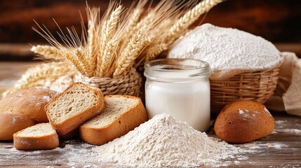 Rustic Bread and Flour with Wheat Stalks on Wooden Surface