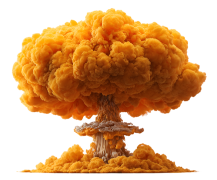 A vibrant orange mushroom cloud billowing upwards, isolated on transparent background, showcasing the destructive power of a nuclear explosion