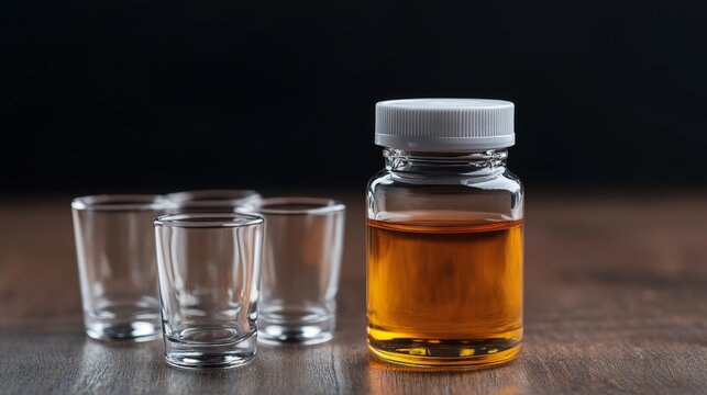 Dextromethorphan Cough Syrup Bottle with Empty Measuring Cups