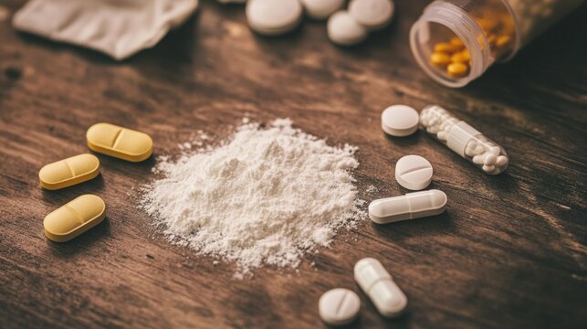 Dangerous Fentanyl Mix: Patches, Powder, and Medication on a Table