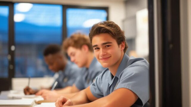 "Explore a secure juvenile detention classroom setting with engaged students and a dedicated teacher."