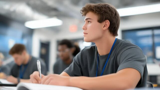 Engage with a dynamic scene of a juvenile detention classroom, featuring students in uniforms attentively interacting with their teacher.