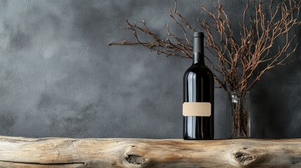 Still life of a wine bottle with dried branches