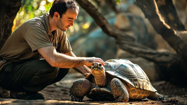 Caretaker nurtures giant tortoise in sunlit forest environment