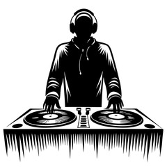Silhouette of dj with turntables and headphones