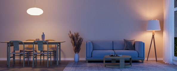 Cozy Living and Dining Area at Night