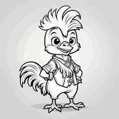 Rooster Cartoon Character Outline for Coloring – Farm Animal Line Art Vector for Kids’ Printable Activities and Educational Use