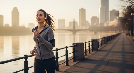 Woman Jogging Along City Waterfront