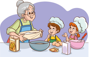 Grandmother teaching her granddaughter how to make a cake.vector illustration