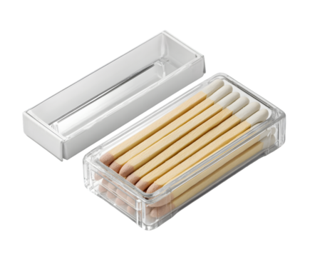 A clear plastic matchbox filled with wooden matches and an open lid isolated on a white background, ready to strike a flame for various purposes