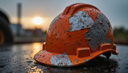 Weather resistant. Distressed helmet with peeling reflective tape.