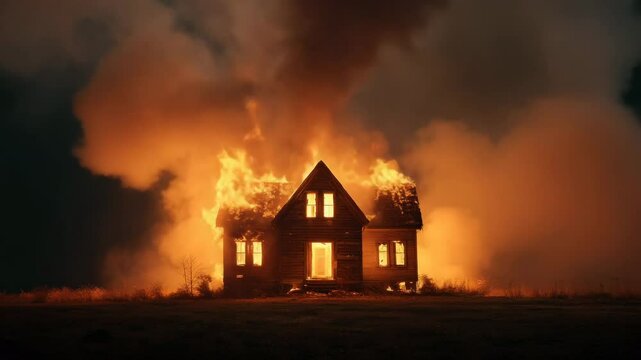 House on Fire with Intense Flames and Smoke