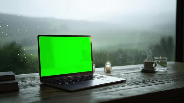 Green screen laptop mockup with blurred window fogged glass rain running down in the background