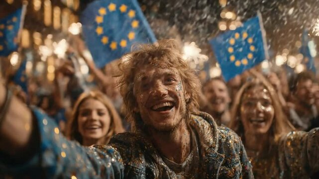 Celebrating European unity a joyful crowd waves eu flags and sparklers at a festival