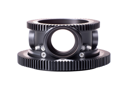 High quality professional filmmaking gear precise focus lens adapter ring for cinema cameras modern black metal construction robust durable equipment for on transparent background