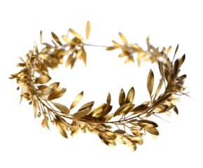 A golden olive branch wreath, a symbol of victory and peace, isolated on transparent background, representing ancient greek and roman traditions
