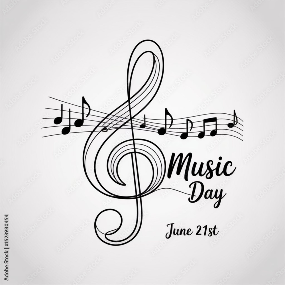 Fototapete world music day in june 21 simple vector with treble clef sign and musical notes. one continuous lin