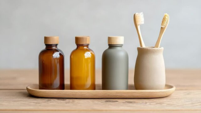 Natural bathroom essentials: minimalist toothbrush and bottle arrangement for ecofriendly living