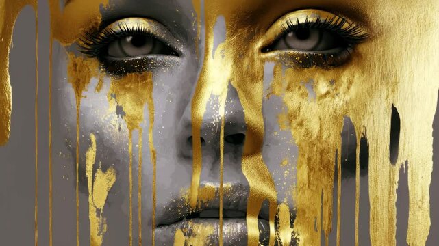 Gold Paint smudges drips from the face and lips, lip-gloss dripping, golden liquid drops on beautiful model girl's mouth, gold metallic skin creative make-up. Beauty woman makeup close up, 