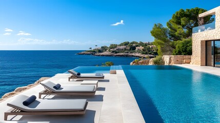 Beautiful blue sea view from the pool of an elegant, modern stone villa with sun loungers on a white sand beach in Mallorca, Spain. Clear sky, award-winning photography, Generative AI