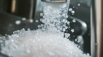 Close-up of sugar crystals flowing from a filling machine nozzle