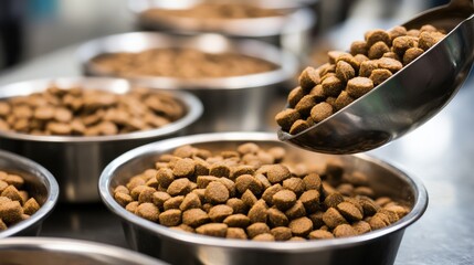 Fototapeta premium Dry cat food in scoop being poured into measuring container