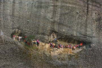 View on St. George Mandila hermitage in Holy Spirit rock cave at Meteora rock formations, Kalambaka, Thessaly, Greece