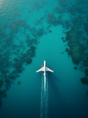 Naklejka premium A white jet streaks across a stunning turquoise ocean, offering an aerial view of the water below.