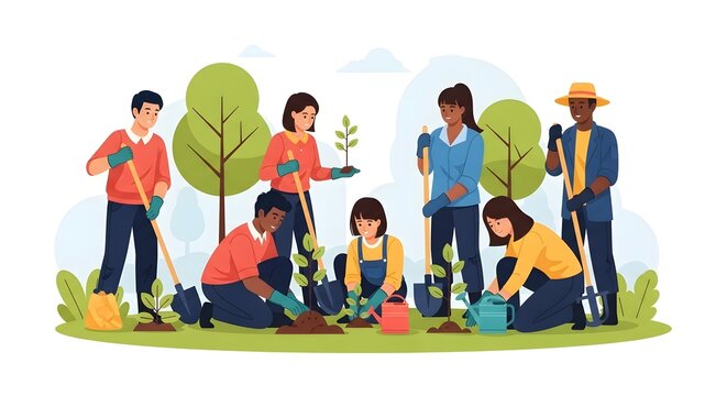 Group of people planting trees and seedlings in a garden with tools and equipment