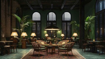 Lounge space with rattan furniture and sage green wall paint