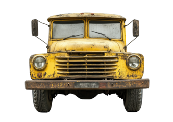 Front view of weathered yellow truck