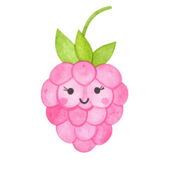 Cute pink raspberry with smiling face and green leaves, showcasing playful and cheerful design