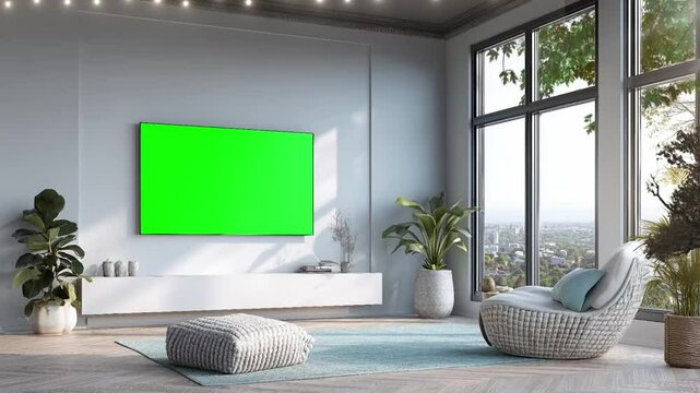 Modern flat television with green screen with the environment, Chroma key on tv set in modern living room animation looping video background