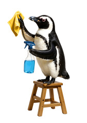 Penguin's Cleaning: A delightful penguin meticulously cleans, employing a spray bottle and cloth with a determined focus, perched atop a wooden stool. Capturing a whimsical scene.