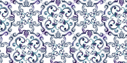 Watercolor baroque pattern. Seamless tribal pattern design