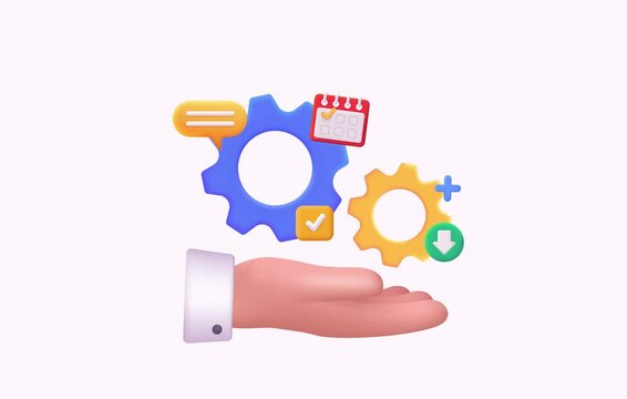 Hand holding cogwheel gear, setting symbol. Technical support, repair, optimization and workflow concept. 3D Web animation