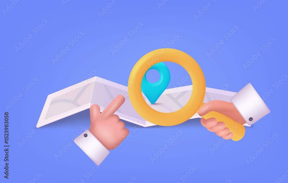 Poster map with pin.hand holding magnifying glass. icons with folded city map and red direction pointer. el